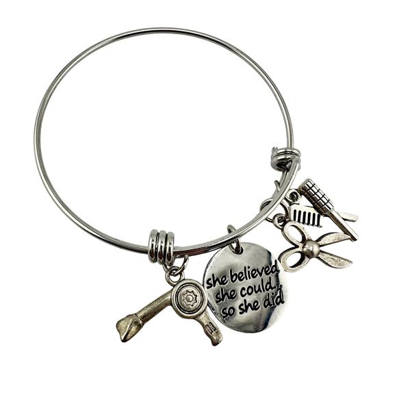Stylist Hairdresser Salon Inspirational Silver Tone Charm Bangle 7.5" Bracelet - Picture 3 of 5